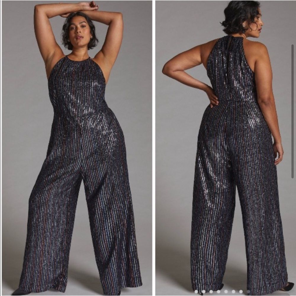NEW Maeve Anthropologie Disco Halter Sequined Jumpsuit - Picture 2 of 15